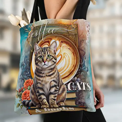 Boho art coffee cats and books tote bag