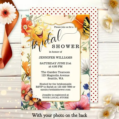 happy retro wildflower watercolor bridal shower invitation