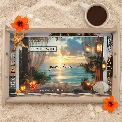 Whimsical romantic tropical beach collage personalized serving tray