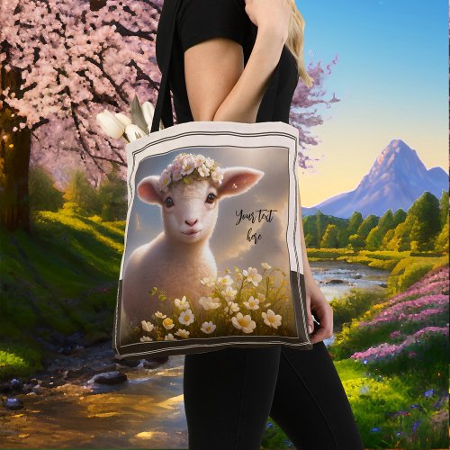 Lamb in spring field with flowers tote bag