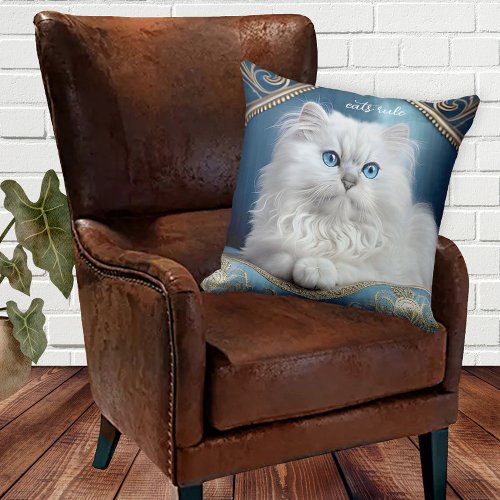 Cats rule funny royalty white cat on blue pillow