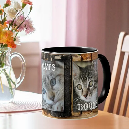Personalized photo mug coffee cats and books