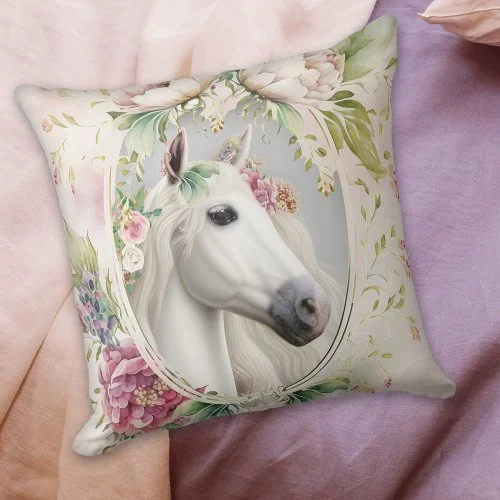 Romantic floral white horse dream pillow