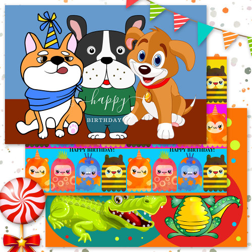 Colorful animal themed festive child gift wrapping paper sheets