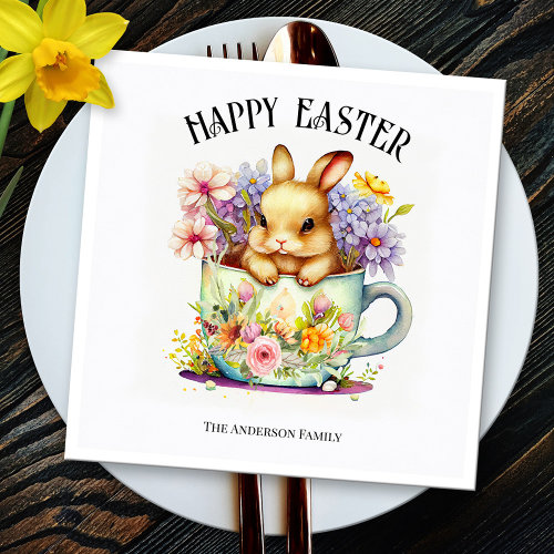 Happy Easter retro watercolor bunny paper napkin