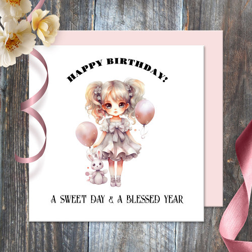 Whimsical girly sweet pink doll happy birthday card