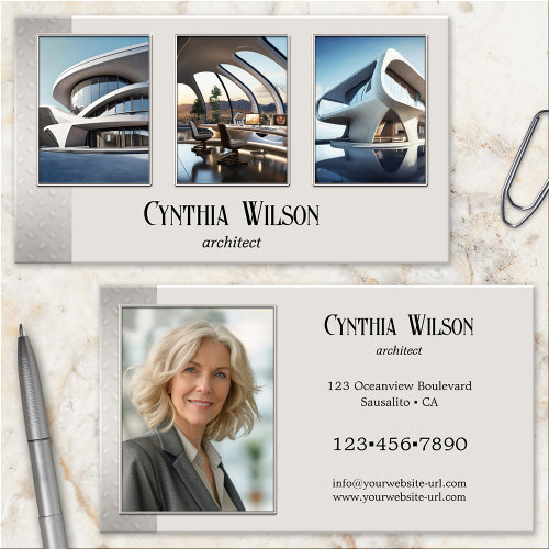 Tan grey metallic architect business card with photos