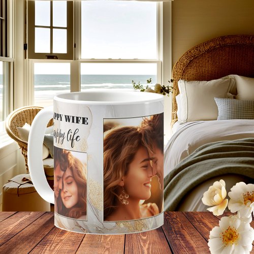 Funny happy wife happy life gold artistic wedding photo mug
