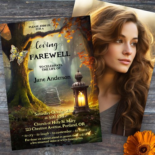 Autumn path magical forest lantern celebration of life sympathy invitation