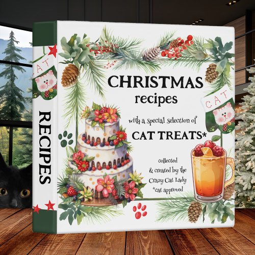 Funny Christmas cat treats watercolor recipe binder