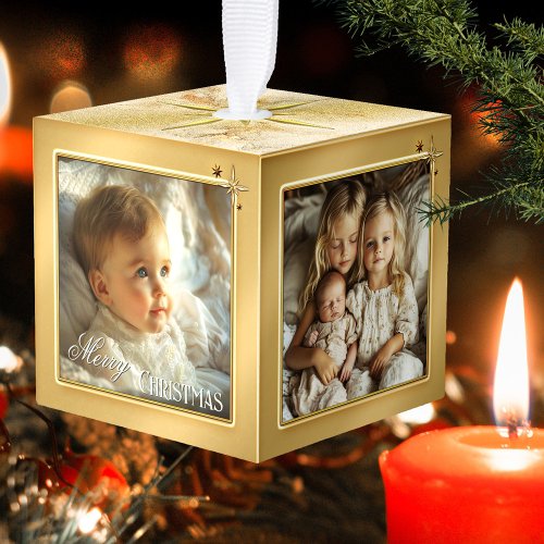 Baby first Christmas gold star photo cube ornament