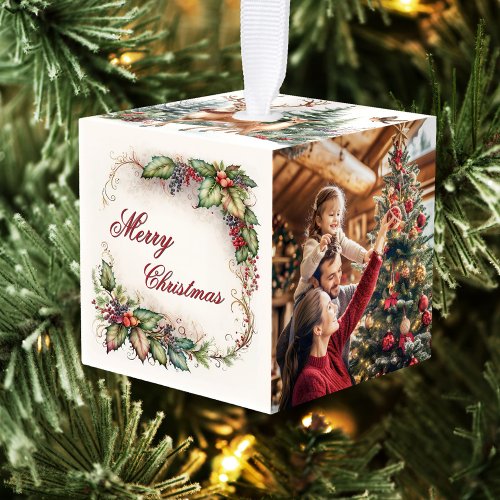 Classic photo family Christmas cube ornament