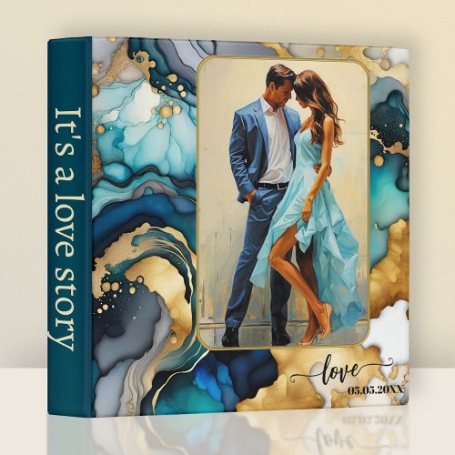 Artistic love story photo wedding planner binder in blue turquoise and gold