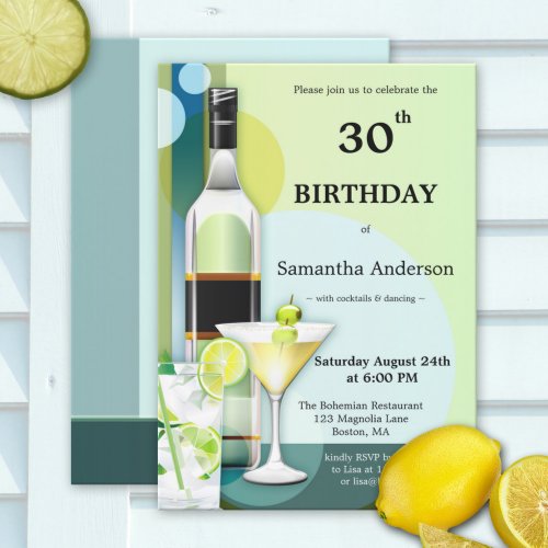 Modern Teal Green Cocktail Birthday Invitation
