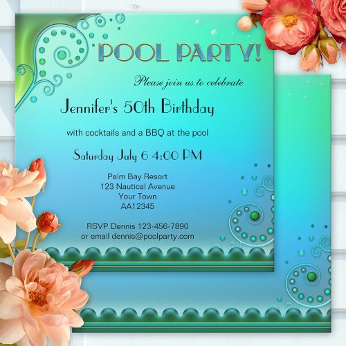 Elegant Aqua Pool Party Invitation