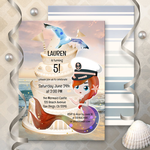 Magical mermaid beach nautical child birthday invitation