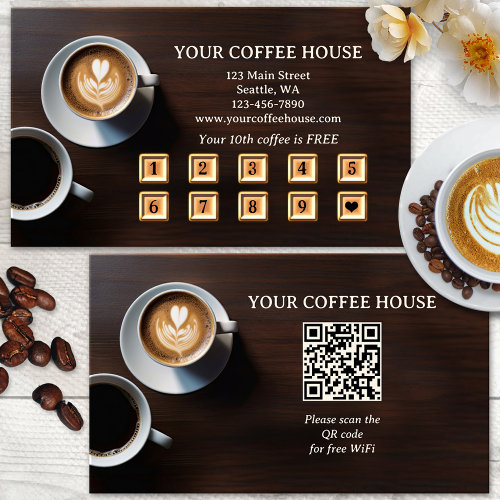 Modern QR code and logo coffee loyalty punch card