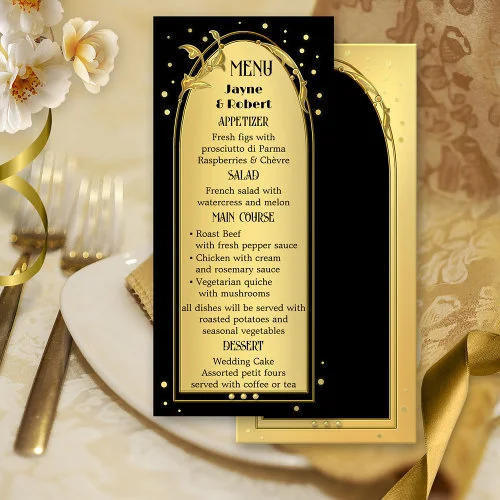 Chic art deco style black and gold confetti wedding menu card