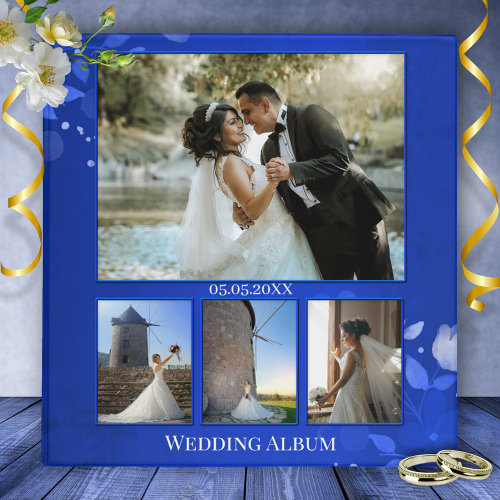 Elegant Floral Indigo Blue Custom Photos Wedding Binder