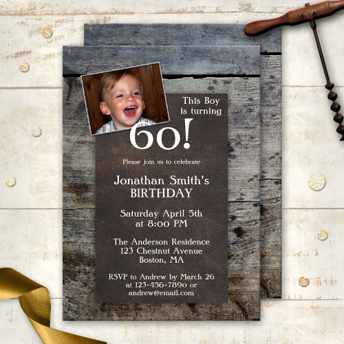 Custom Photo Weathered Wood Brown Faux Leather Birthday Party Invitation