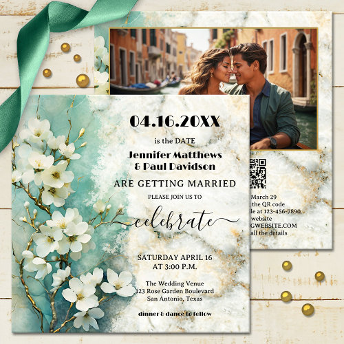 Whimsical boho marble floral all in one wedding invitation with QR code