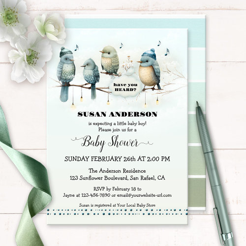 Pastel blue green artistic bird song baby shower invitation