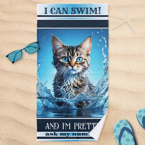 Funny cat swimming navy striped beach or pool side towel
