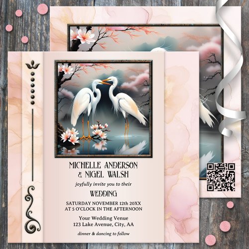 Romantic Japanese cranes egrets pink art wedding invitation