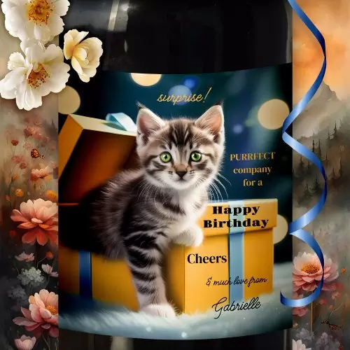 Cute kitten surprise birthday wine label
