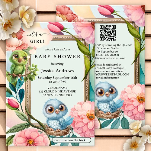 Cute pastel birds watercolor flowers baby shower invitation