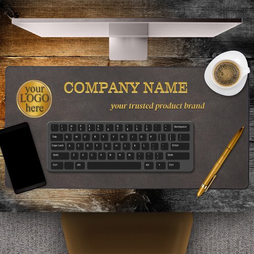 Faux brown leather company desk mat with logo