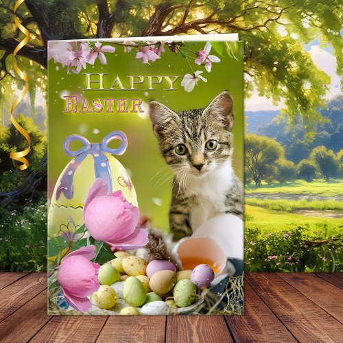 Happy Easter cute kitten greeting card