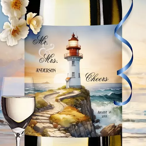 Watercolor beach lighthouse elegant wedding wine label
