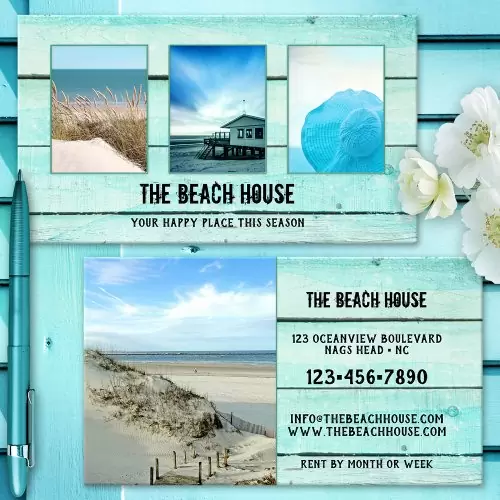 Aqua turquoise beach house rustic wood photo business card