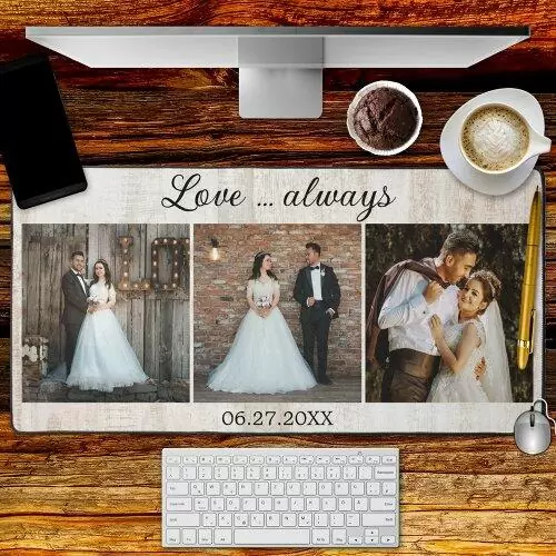 Personalized rustic wood wedding photo template desk mat