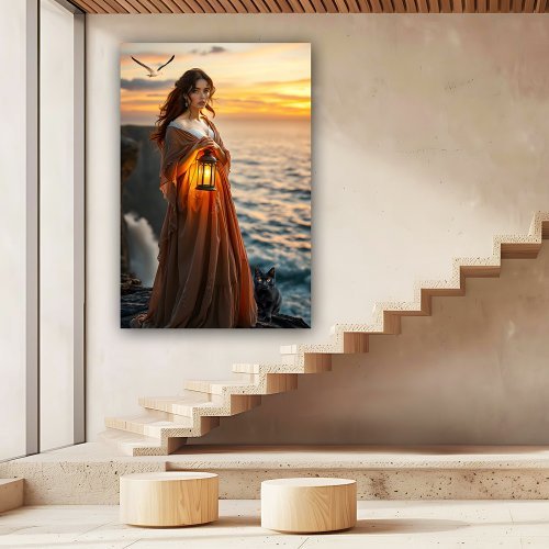 Coastal lady with lantern and black cat fine art print