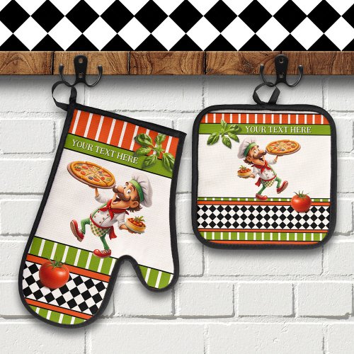 Happy Italian pizza baker oven mitt and pot holder set