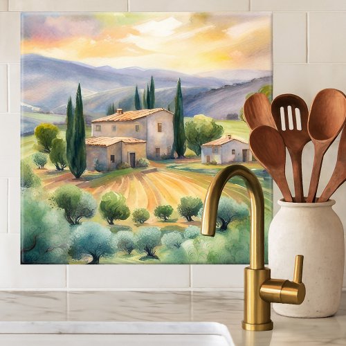 Tuscan landscape watercolor art tile