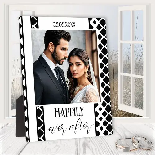 Black and white script wedding photo plaque