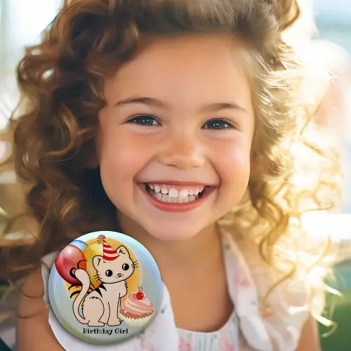 Cute colorful kitty birthday girl personalized button