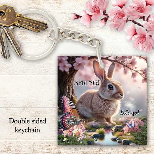 Cute spring bunny butterfly cherry blossom keychain