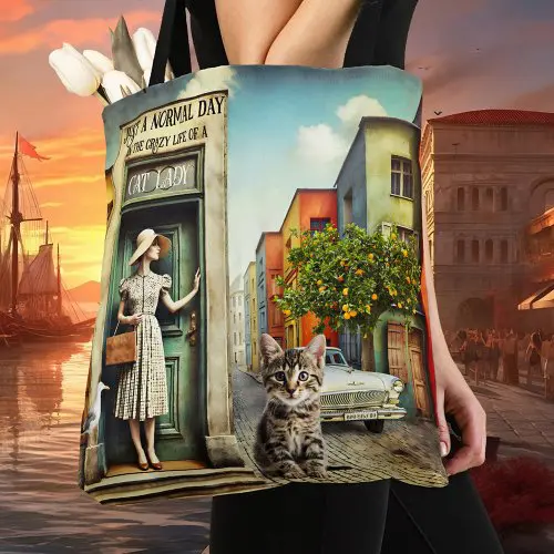 Fifties fine art crazy cat lady tote bag