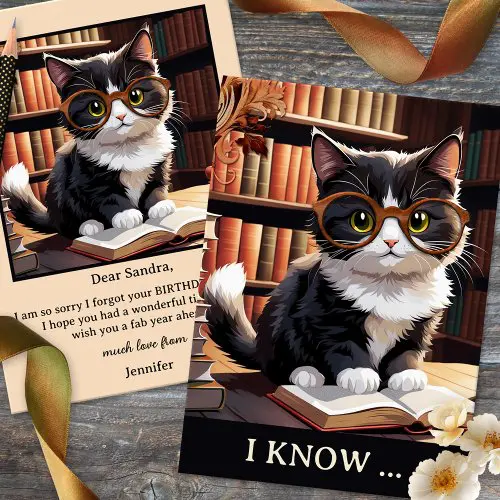 Funny cat with books belated birthday card