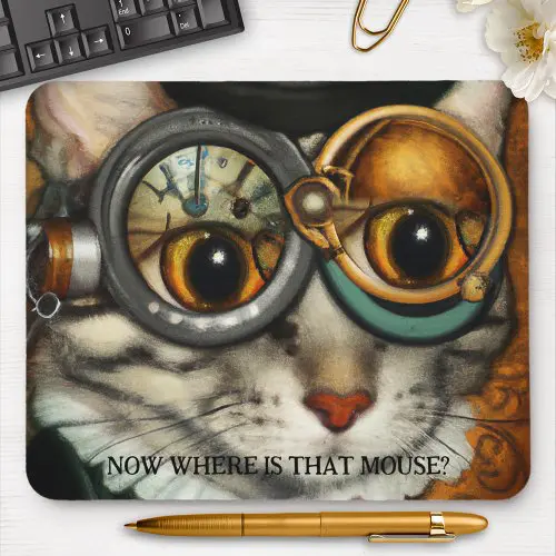 Funny steampunk cat with glasses mouse pad