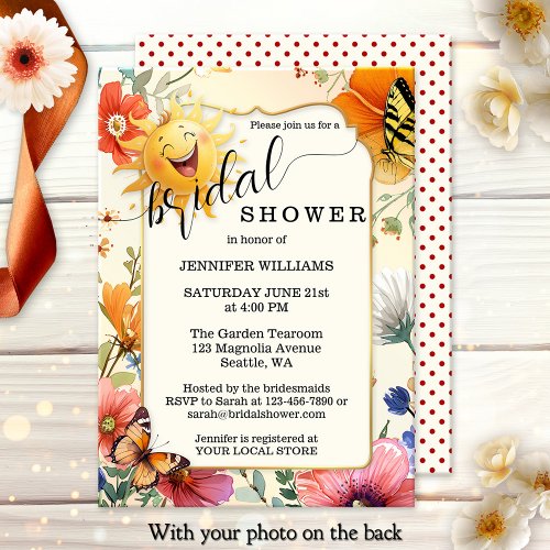 happy retro wildflower watercolor bridal shower invitation