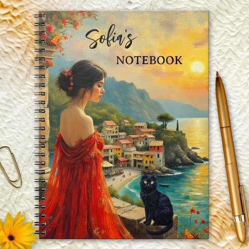 Italian coast with lady and black cat personalized notebook