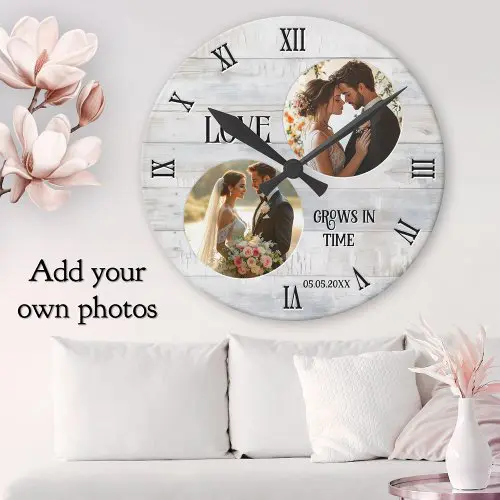 Love grows in time rustic white wood wedding photo wall clock