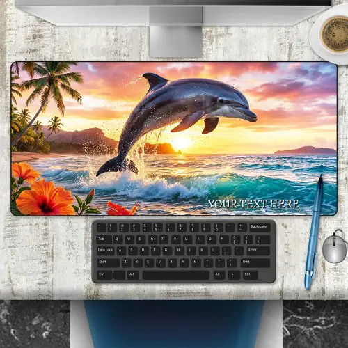Tropical fantasy dolphin sunset desk mat