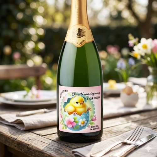 Cute spring chick watercolor new beginnings sparkling wine label