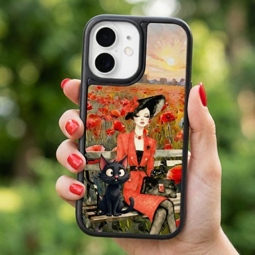 Whimsical elegant lady with black cat in poppy field artistic phone case